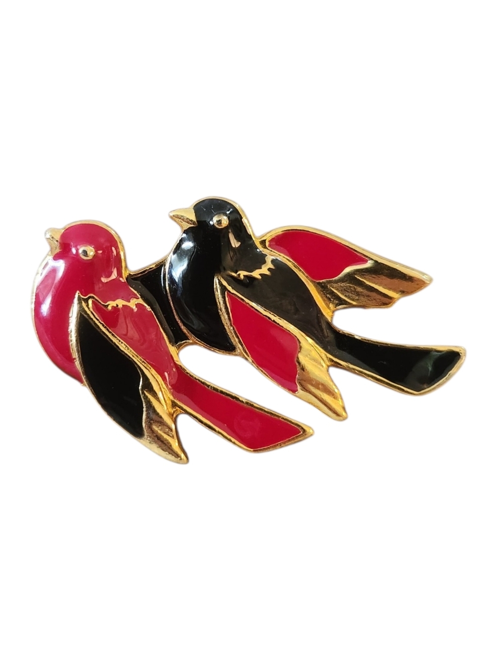 Gold-Tone Red and Black Enamel Bird Brooch - Decorative Avian Pin